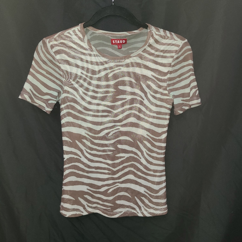 STAUD White and Brown Zebra Print Short Sleeve Top Y2K, 90's, Festival